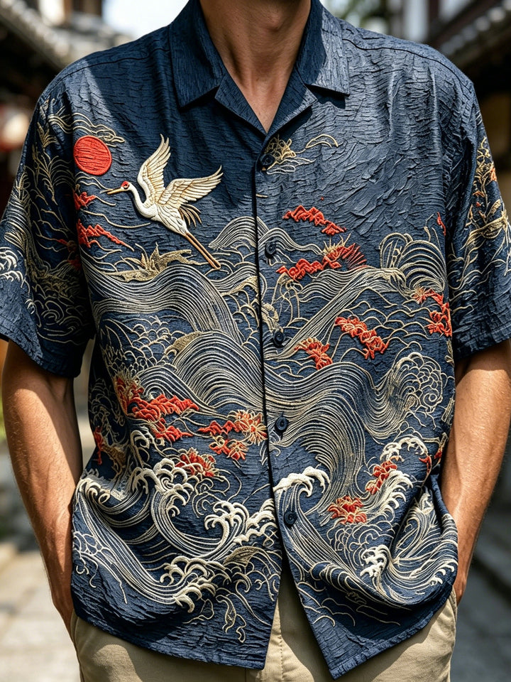 Kyoto Wave Shirt — Japanese Ukiyo-e Art Print · Cotton-Linen