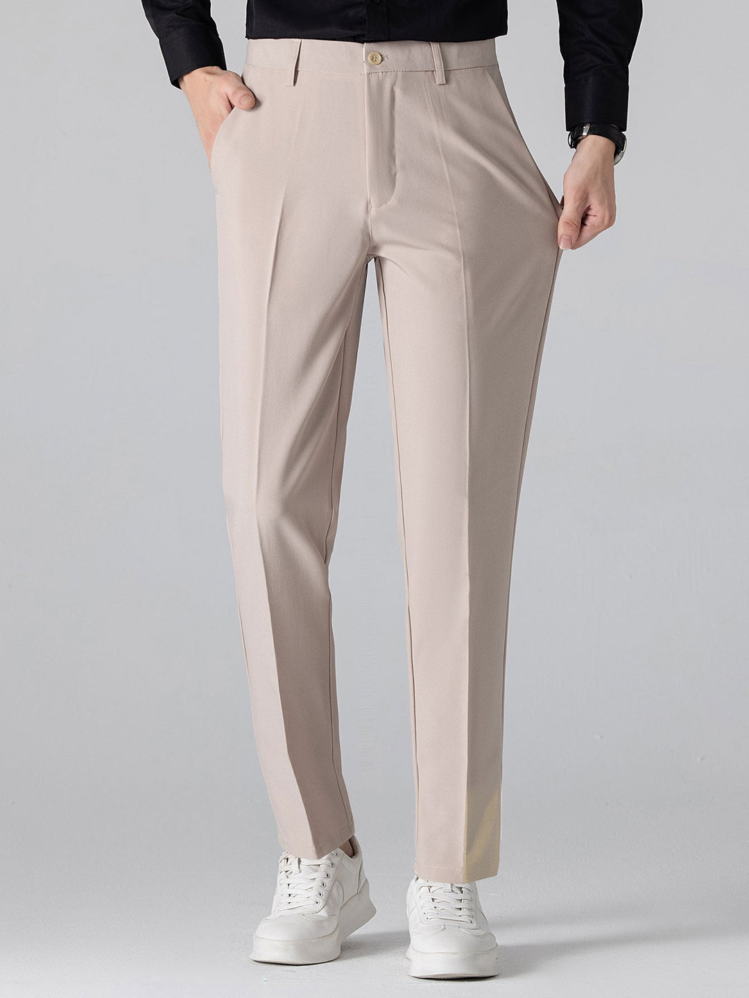 Contrast Trim Ribbed Johnny Collar Knit Polo & Slim Fit Tapered Trousers