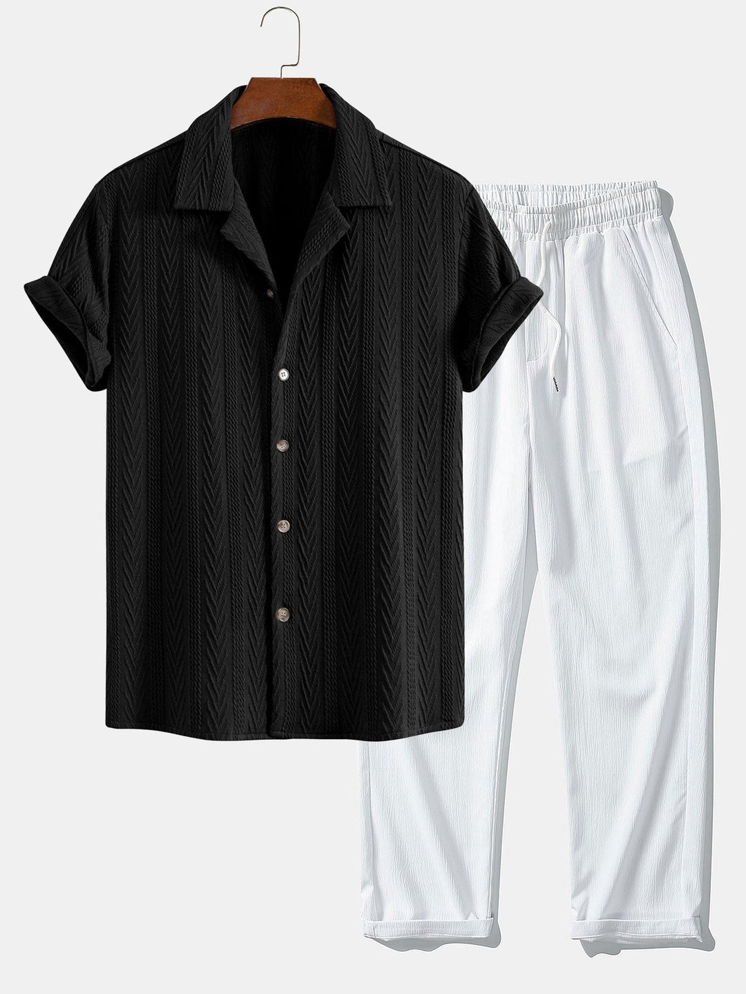 Textured Jacquard Set — Cuban Shirt & Anti-Wrinkle Straight-Leg Trousers