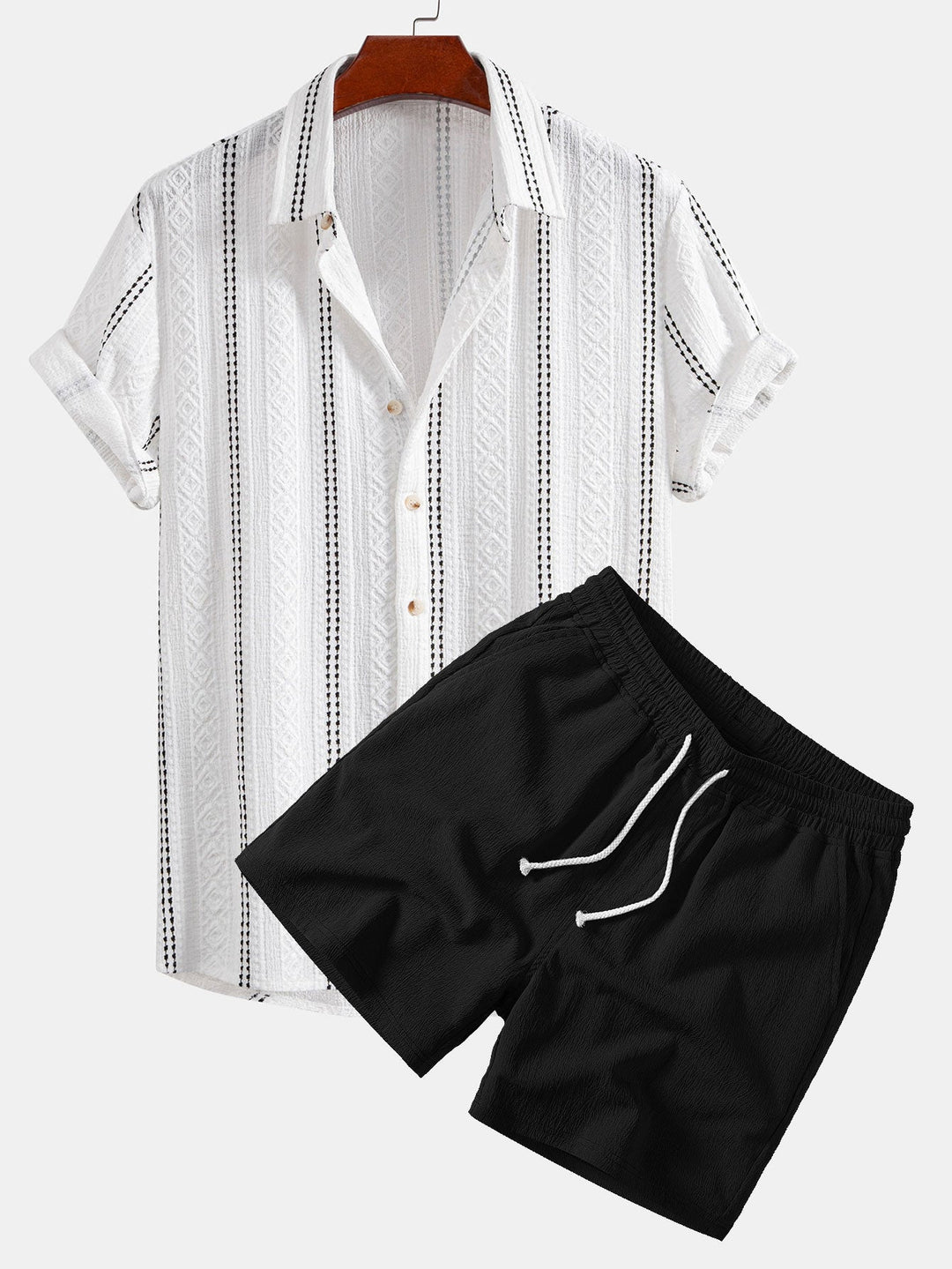 Geometric Striped Jacquard Button Up Shirt & Crinkle Textured Drawstring 5" Shorts
