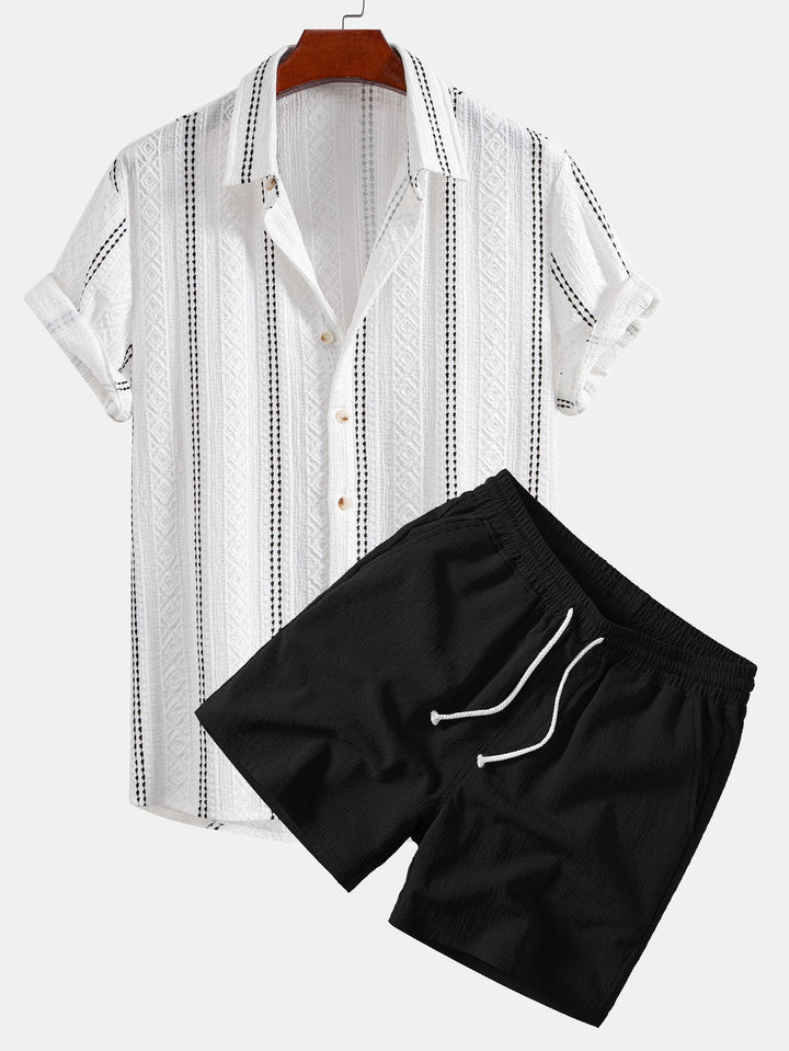 Geometric Striped Jacquard Button Up Shirt & Crinkle Textured Drawstring 5" Shorts