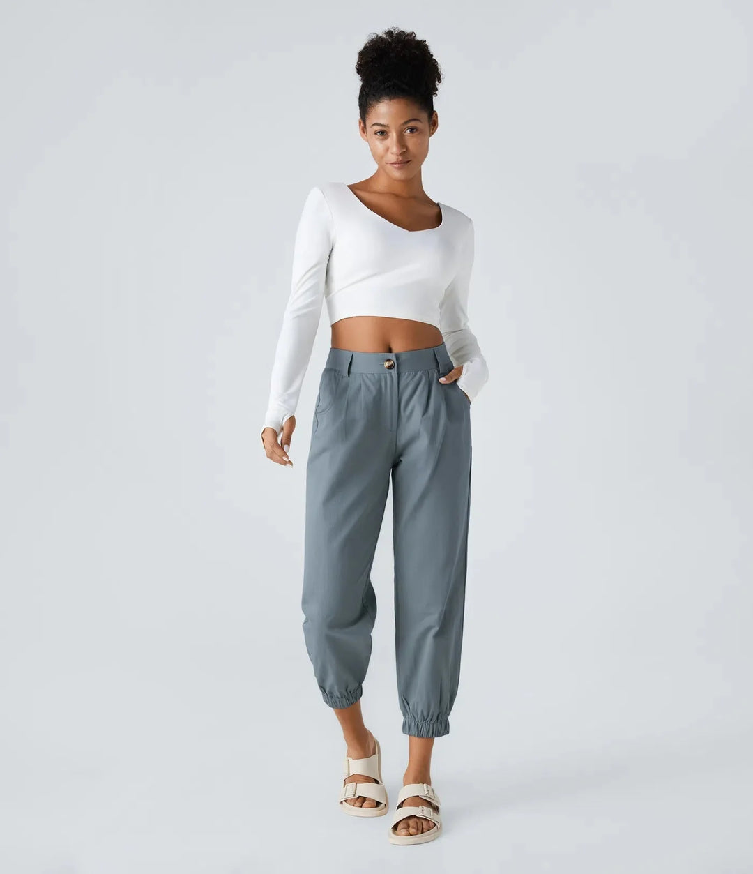 Elso - Casual cotton jogging pants with a mid-rise waist, button placket, zip fly and side pocket