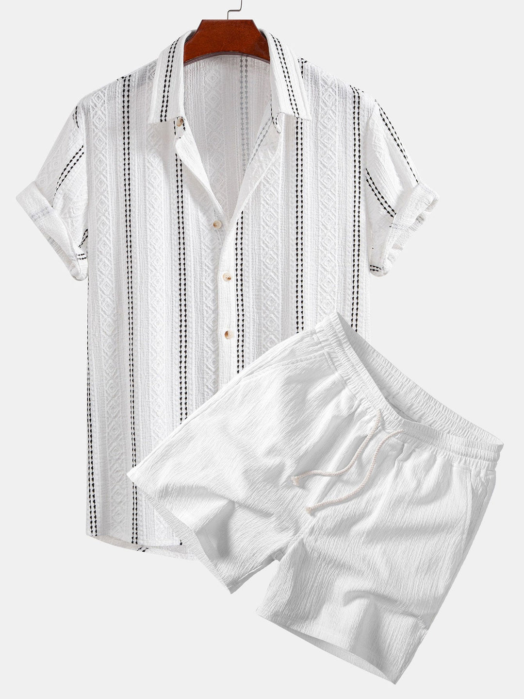 Geometric Striped Jacquard Button Up Shirt & Crinkle Textured Drawstring 5" Shorts