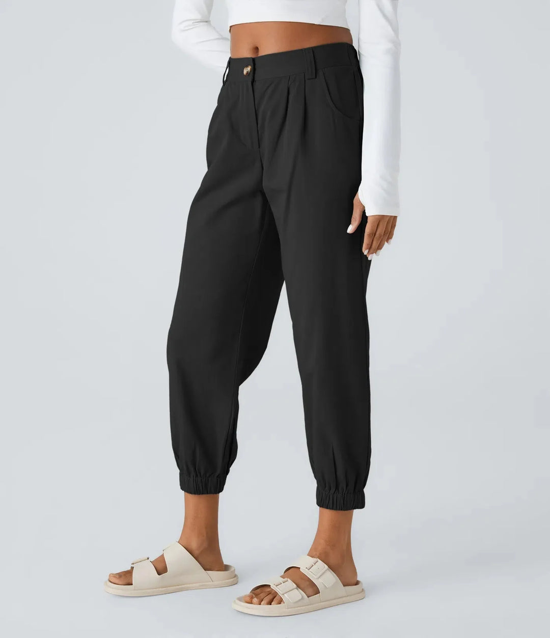 Elso - Casual cotton jogging pants with a mid-rise waist, button placket, zip fly and side pocket