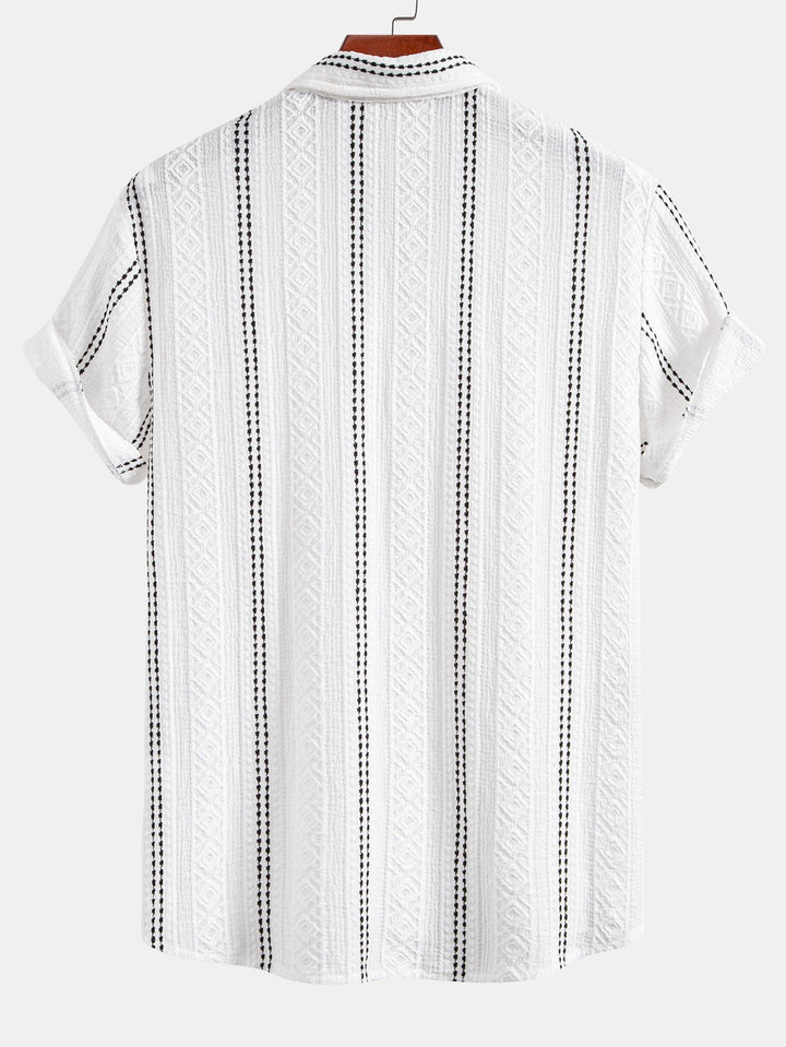 Geometric Striped Jacquard Button Up Shirt & Crinkle Textured Drawstring 5" Shorts