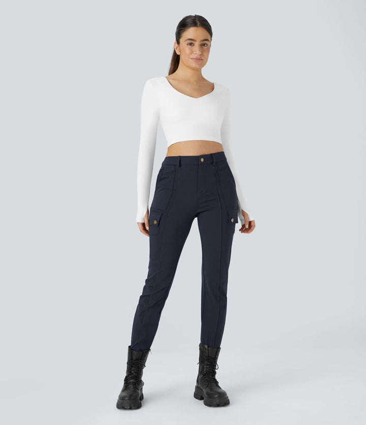 Ema - Plain, slim hiking pants with high waist and multiple pockets