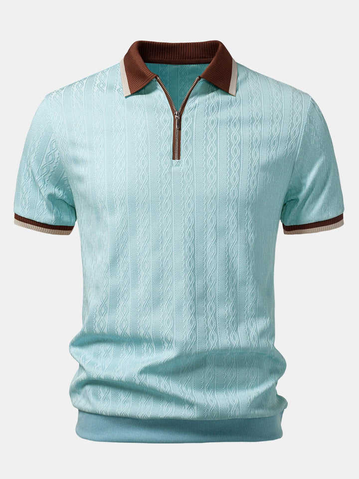 Contrast Trim Textured Zipper Knit Polo & Slim Fit Tapered Trousers