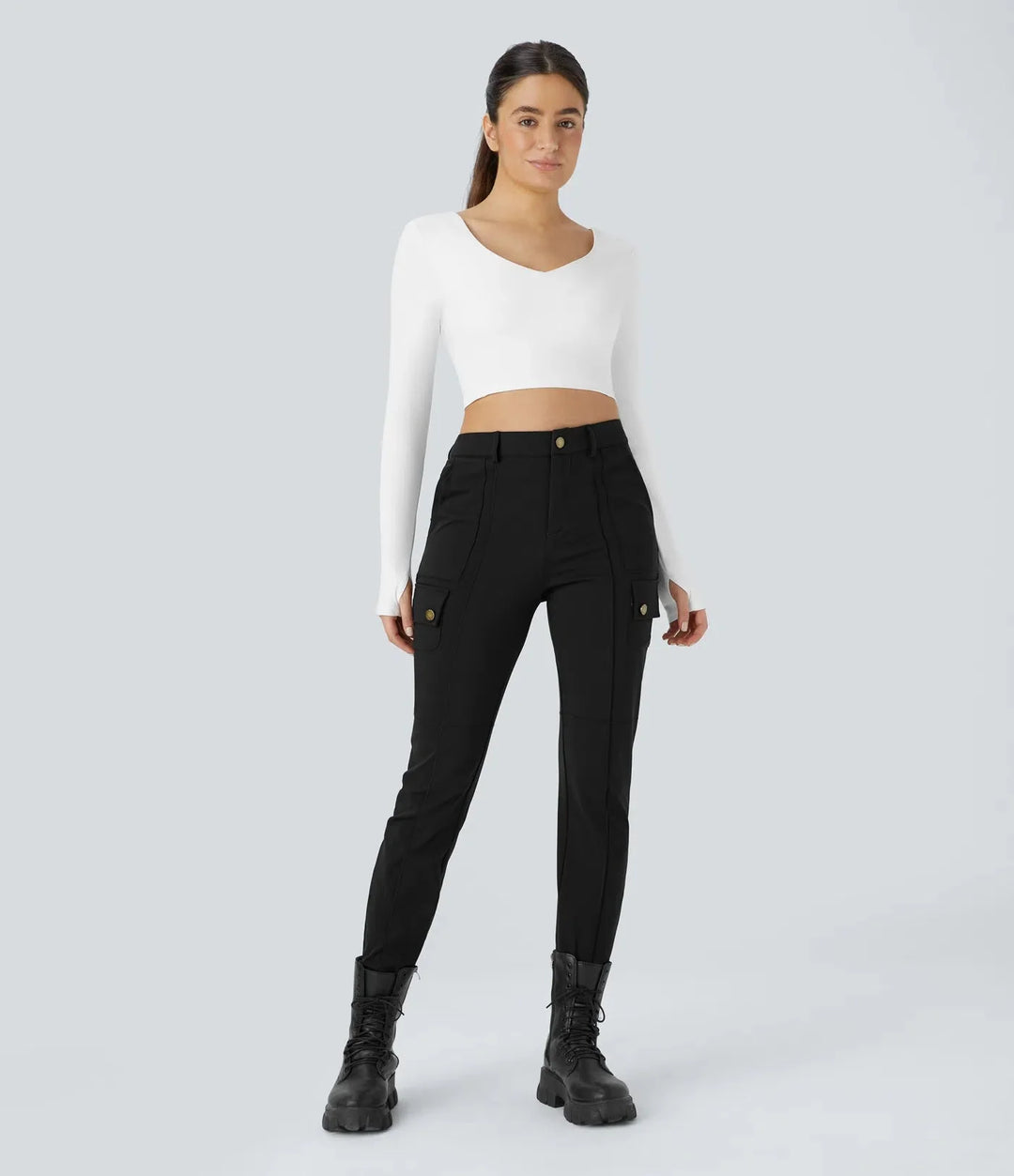 Ema - Plain, slim hiking pants with high waist and multiple pockets