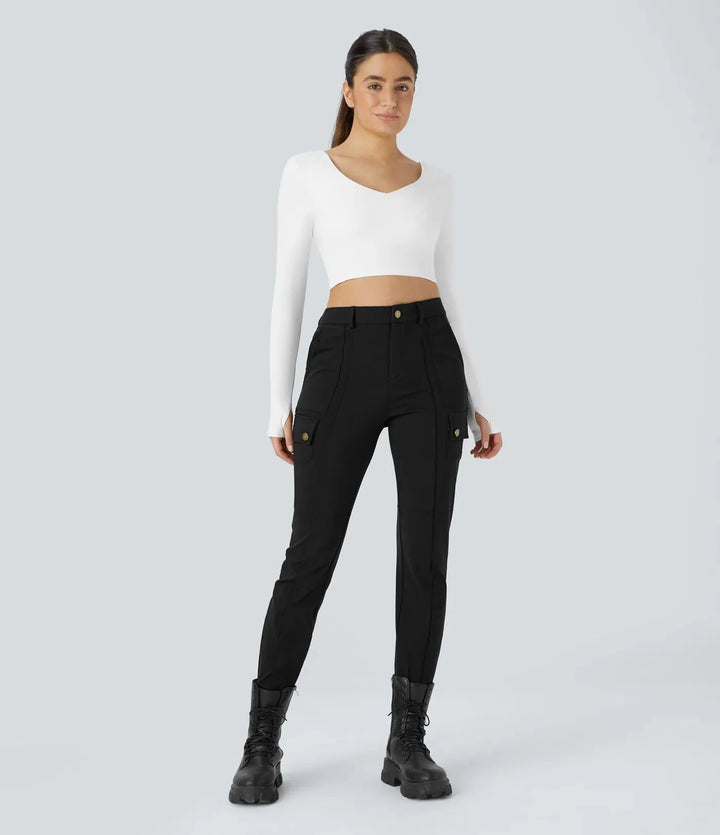 Ema - Plain, slim hiking pants with high waist and multiple pockets