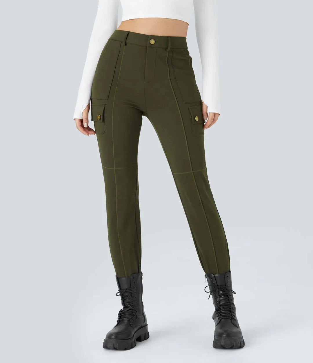 Ema - Plain, slim hiking pants with high waist and multiple pockets