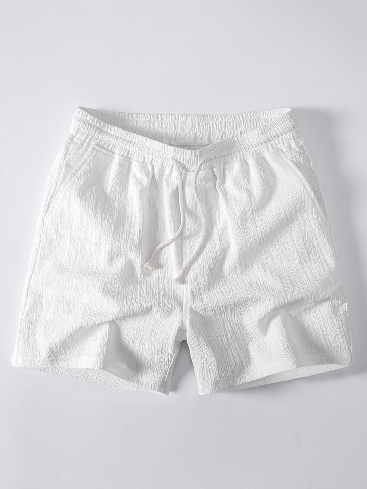 Geometric Striped Jacquard Button Up Shirt & Crinkle Textured Drawstring 5" Shorts