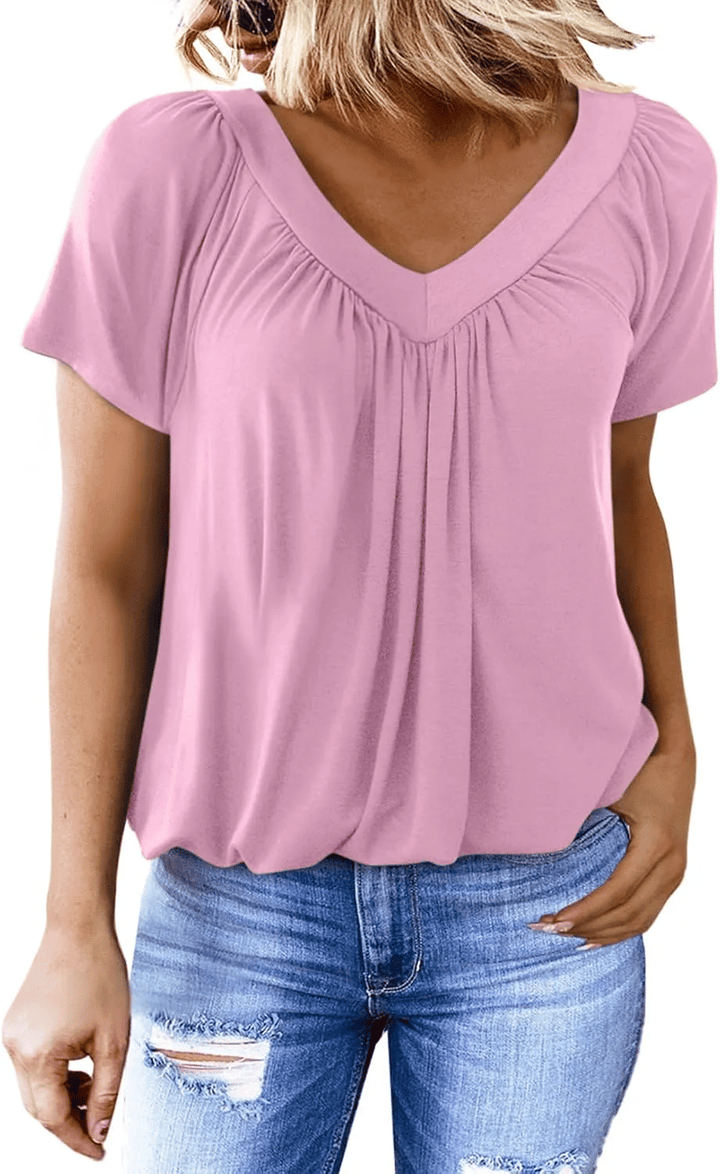 Léa V-Neck Pleated Blouse — Cap-Sleeve Summer Top