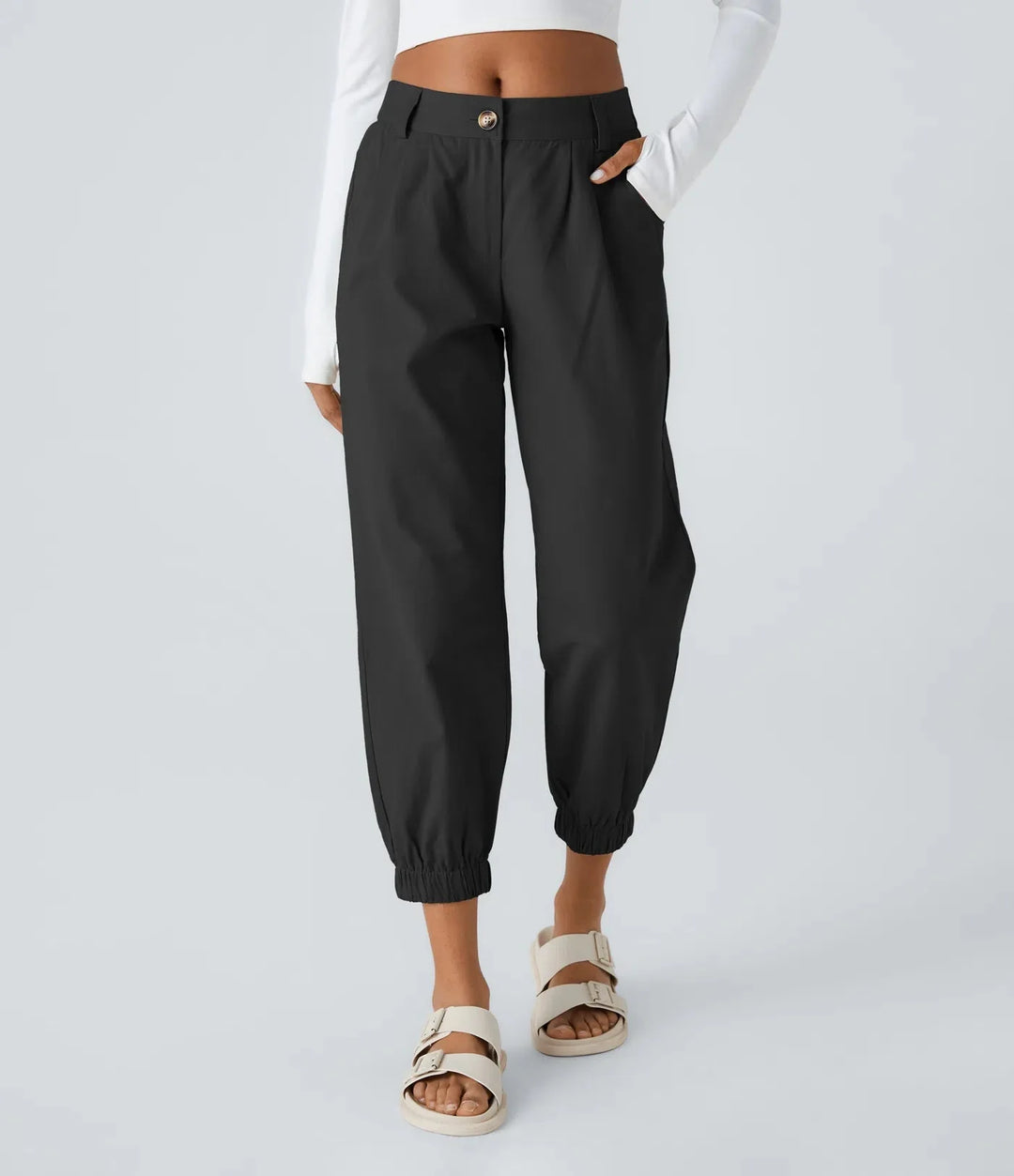 Elso - Casual cotton jogging pants with a mid-rise waist, button placket, zip fly and side pocket