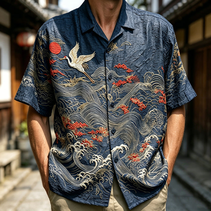Kyoto Wave Shirt — Japanese Ukiyo-e Art Print · Cotton-Linen
