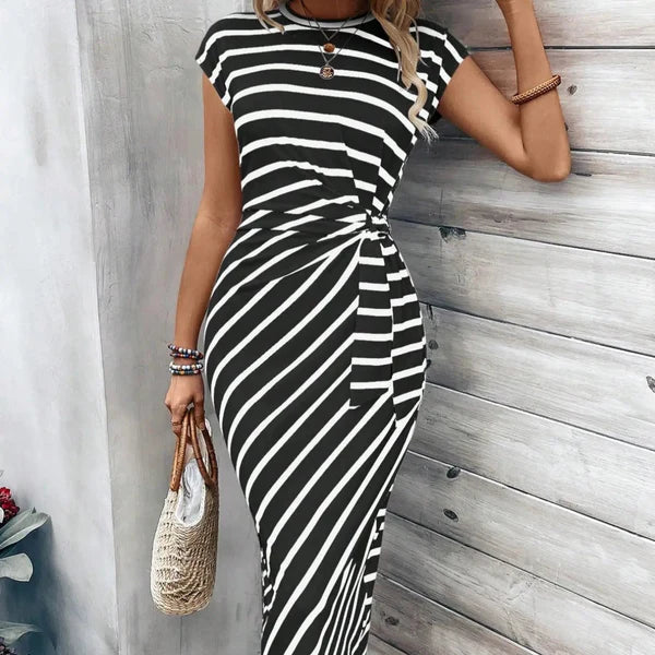 Riviera Knot-Front Midi Dress — Ruched Waist · Stretch Fit