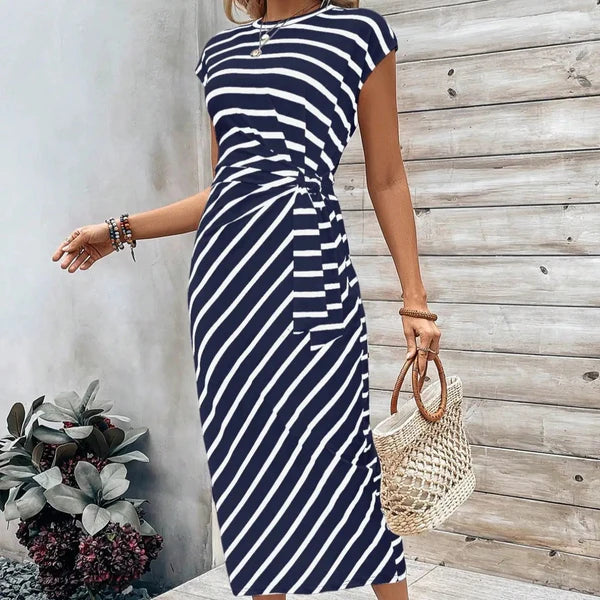 Riviera Knot-Front Midi Dress — Ruched Waist · Stretch Fit