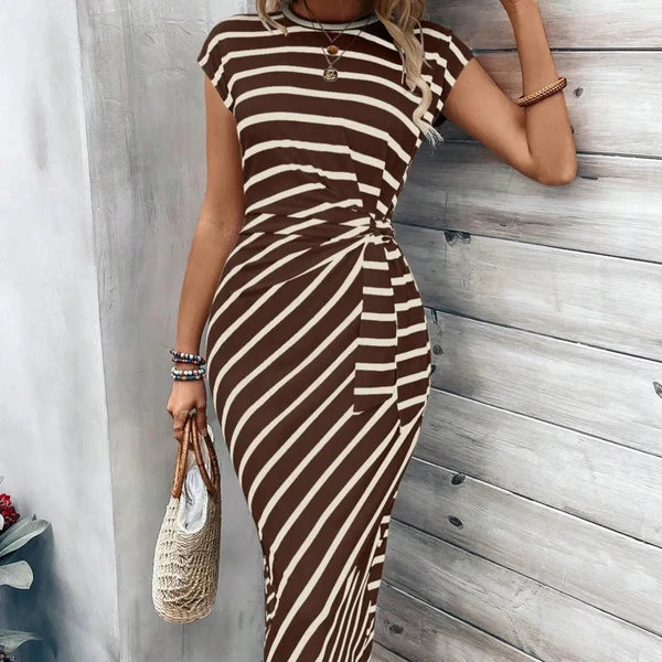 Riviera Knot-Front Midi Dress — Ruched Waist · Stretch Fit