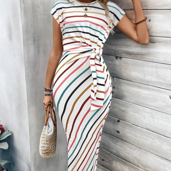 Riviera Knot-Front Midi Dress — Ruched Waist · Stretch Fit