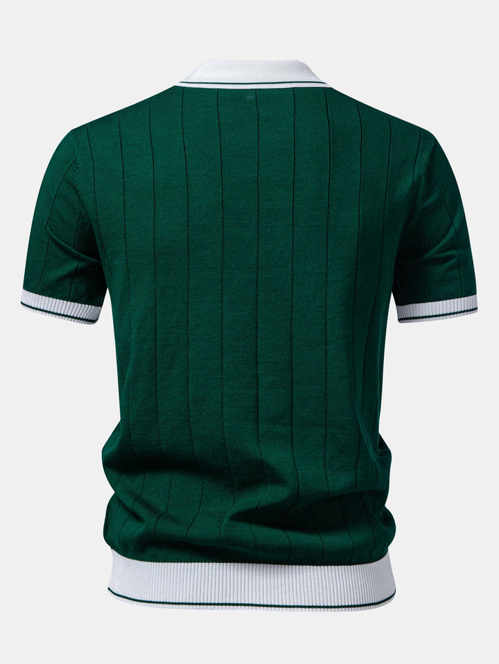 Contrast Trim Ribbed Johnny Collar Knit Polo & Slim Fit Tapered Trousers