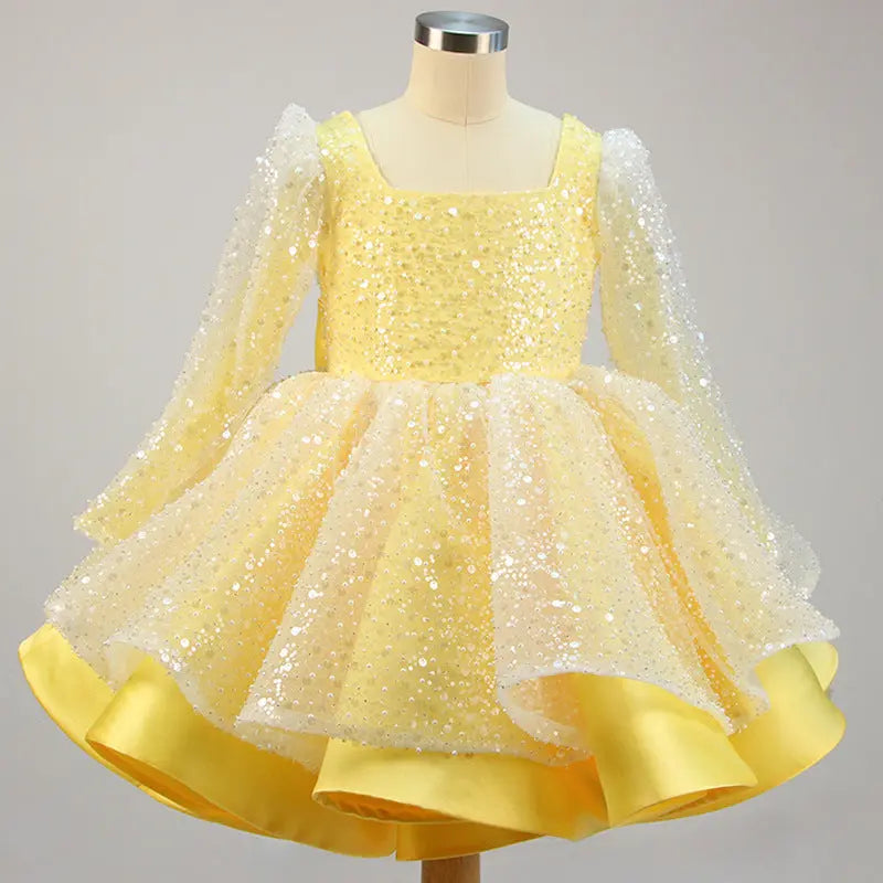 Lola - Girls' Princess Dresses, Bow, Mesh, Long Sleeve, Sequined Christening Gown