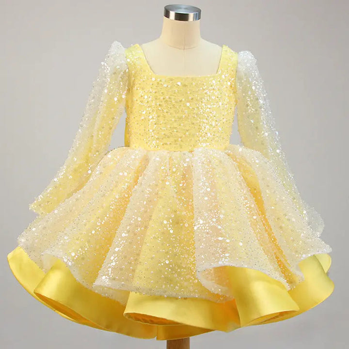 Lola - Girls' Princess Dresses, Bow, Mesh, Long Sleeve, Sequined Christening Gown