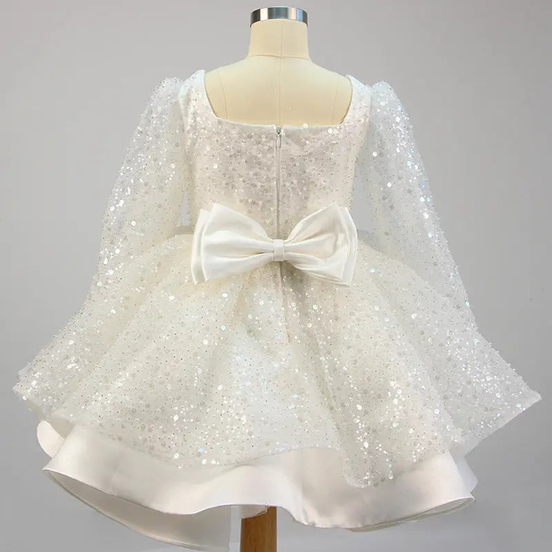 Lola - Girls' Princess Dresses, Bow, Mesh, Long Sleeve, Sequined Christening Gown