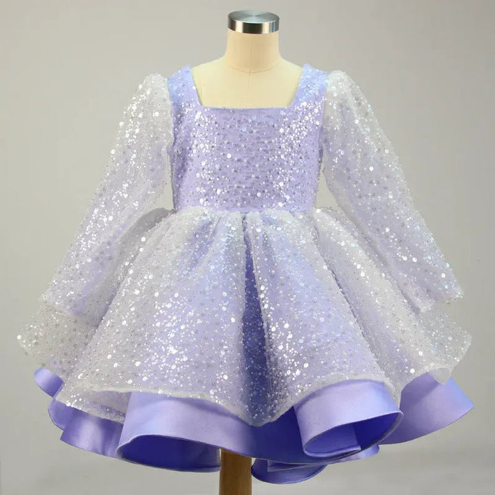 Lola - Girls' Princess Dresses, Bow, Mesh, Long Sleeve, Sequined Christening Gown