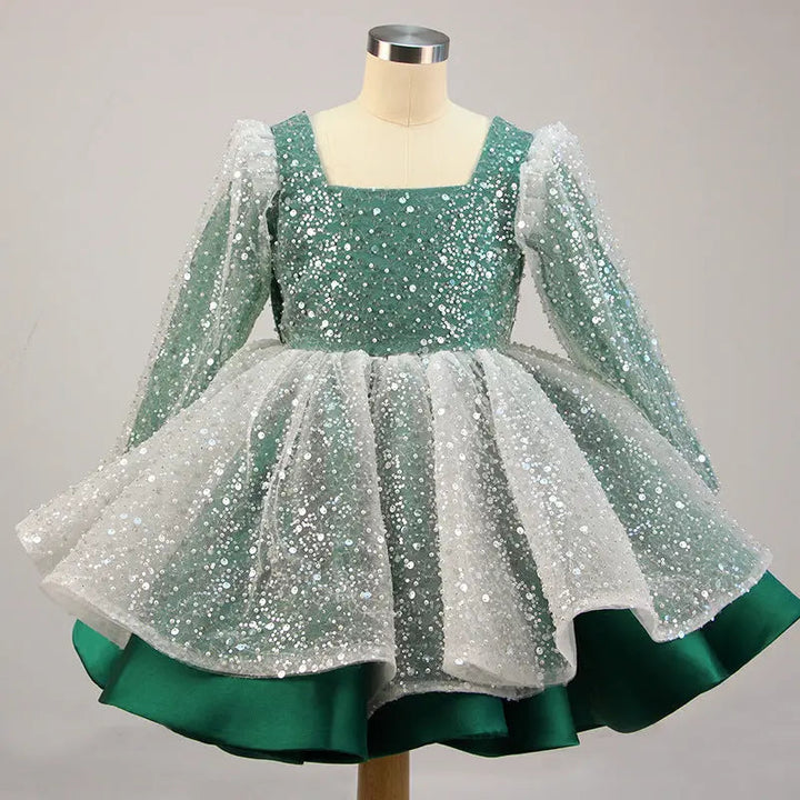 Lola - Girls' Princess Dresses, Bow, Mesh, Long Sleeve, Sequined Christening Gown