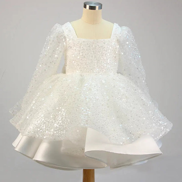 Lola - Girls' Princess Dresses, Bow, Mesh, Long Sleeve, Sequined Christening Gown