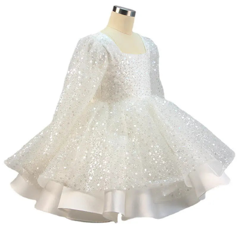 Lola - Girls' Princess Dresses, Bow, Mesh, Long Sleeve, Sequined Christening Gown