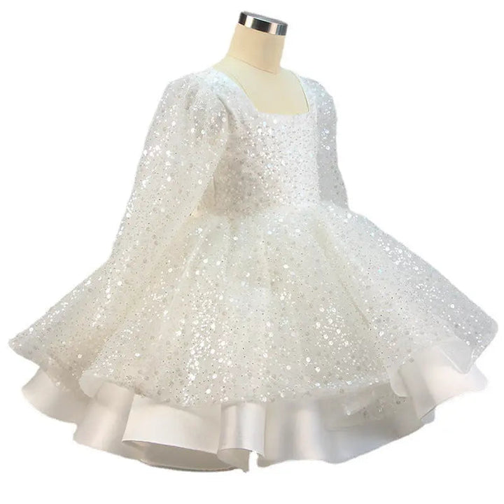Lola - Girls' Princess Dresses, Bow, Mesh, Long Sleeve, Sequined Christening Gown