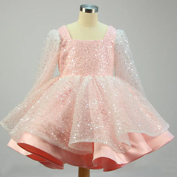 Lola - Girls' Princess Dresses, Bow, Mesh, Long Sleeve, Sequined Christening Gown
