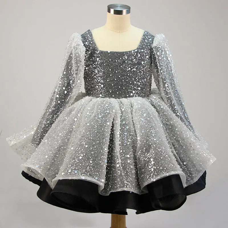 Lola - Girls' Princess Dresses, Bow, Mesh, Long Sleeve, Sequined Christening Gown