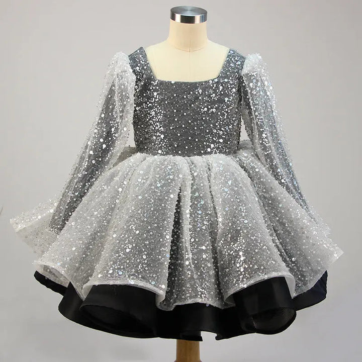 Lola - Girls' Princess Dresses, Bow, Mesh, Long Sleeve, Sequined Christening Gown