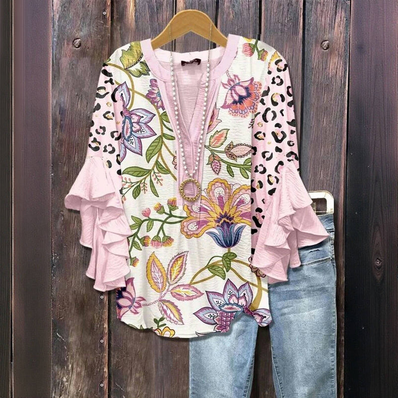 Jungle Garden – Patchwork blouse with flowers and leopard