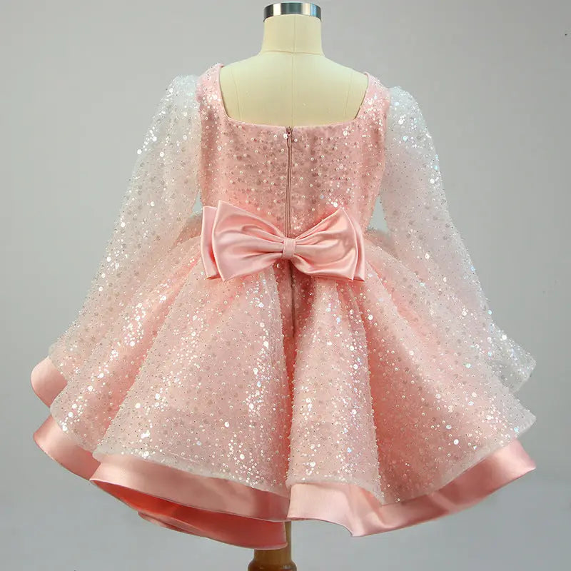Lola - Girls' Princess Dresses, Bow, Mesh, Long Sleeve, Sequined Christening Gown