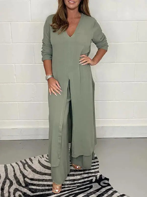 Carla | V-neck slit casual two-piece set