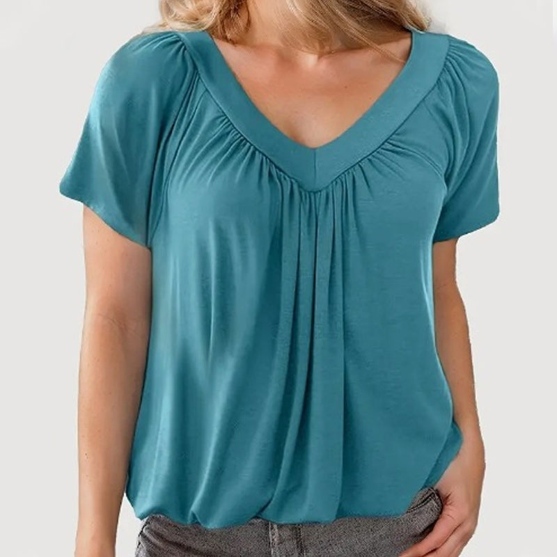 Léa V-Neck Pleated Blouse — Cap-Sleeve Summer Top