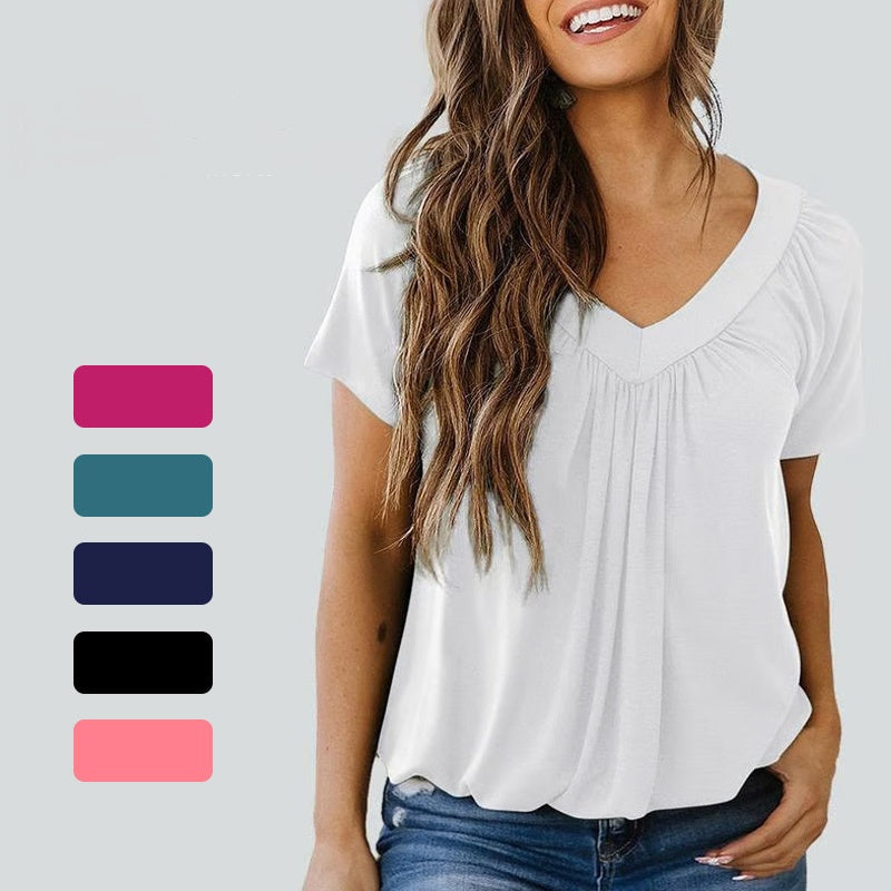 Léa V-Neck Pleated Blouse — Cap-Sleeve Summer Top