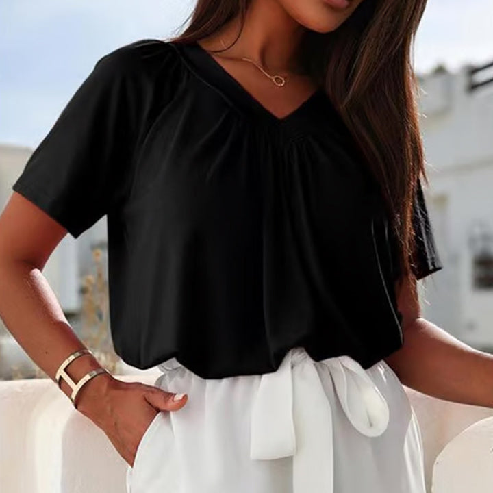 Léa V-Neck Pleated Blouse — Cap-Sleeve Summer Top