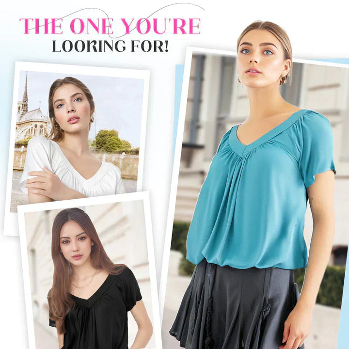 Léa V-Neck Pleated Blouse — Cap-Sleeve Summer Top