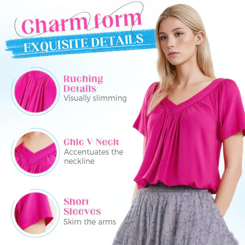 Léa V-Neck Pleated Blouse — Cap-Sleeve Summer Top