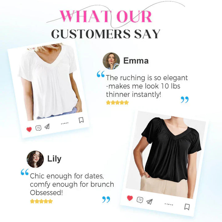 Léa V-Neck Pleated Blouse — Cap-Sleeve Summer Top