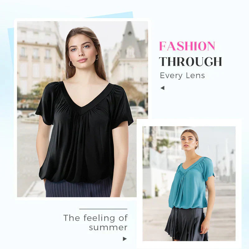 Léa V-Neck Pleated Blouse — Cap-Sleeve Summer Top