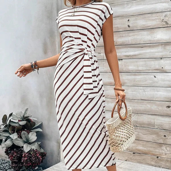 Riviera Knot-Front Midi Dress — Ruched Waist · Stretch Fit